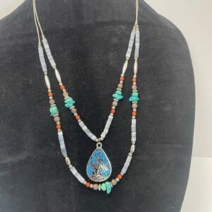 Vintage 1970s Zuni Navajo style nickel silver faux turquoise 2 strand necklace